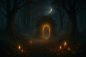 Twilight forest representing the thinning veil between worlds at Samhain
