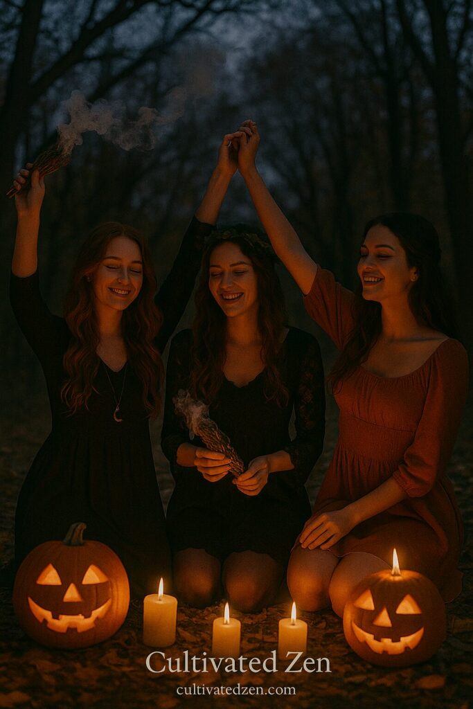 Young women engaging in ritual to celebrate the spiritual significance of halloween