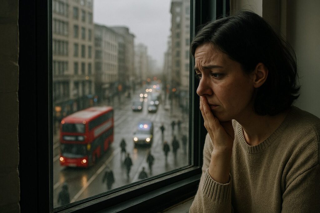 Looking outside worrying about how society is progressing.