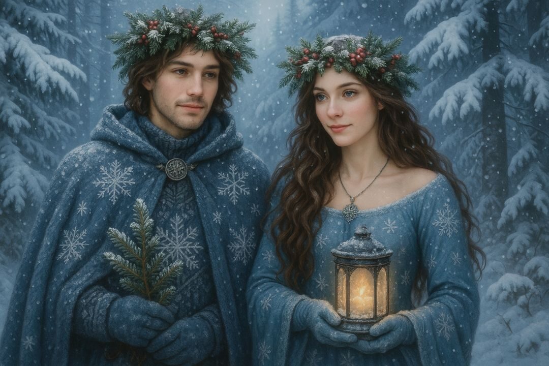 Couple celebrating the winter solstice with a candle ritual
