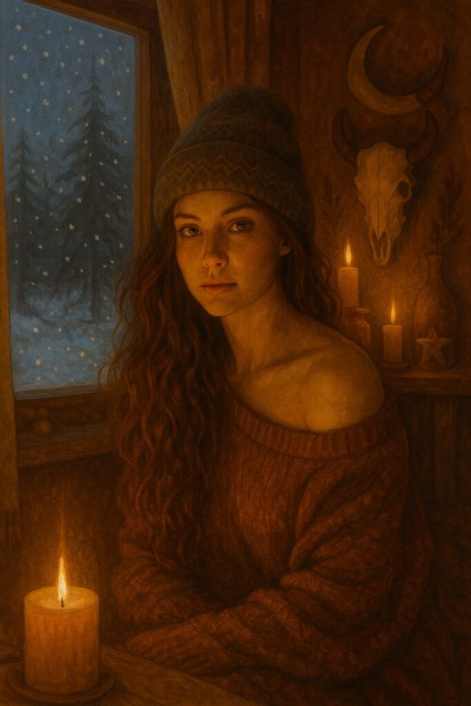 Modern pagan doing a winter solstice candle ritual